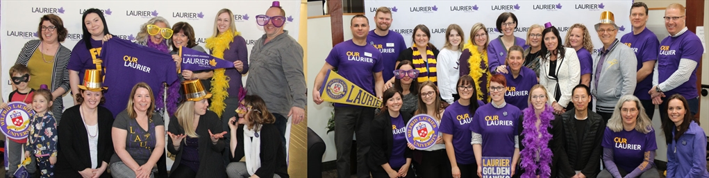 Collage of people in laurier colours at a laurier themed photo booth