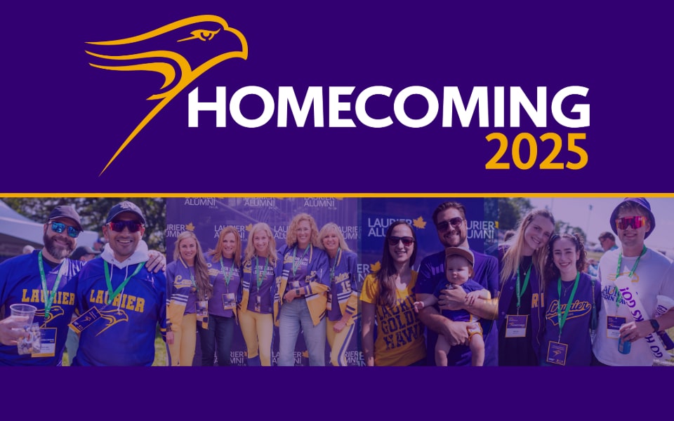 Homeocming 2025 logo with group photo from last year at alumni end zone football game